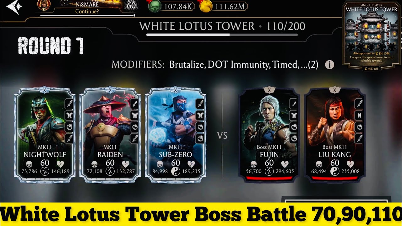 White Lotus Tower Boss Battle 110 & 90 , 70 Fight + Reward | MK Mobile