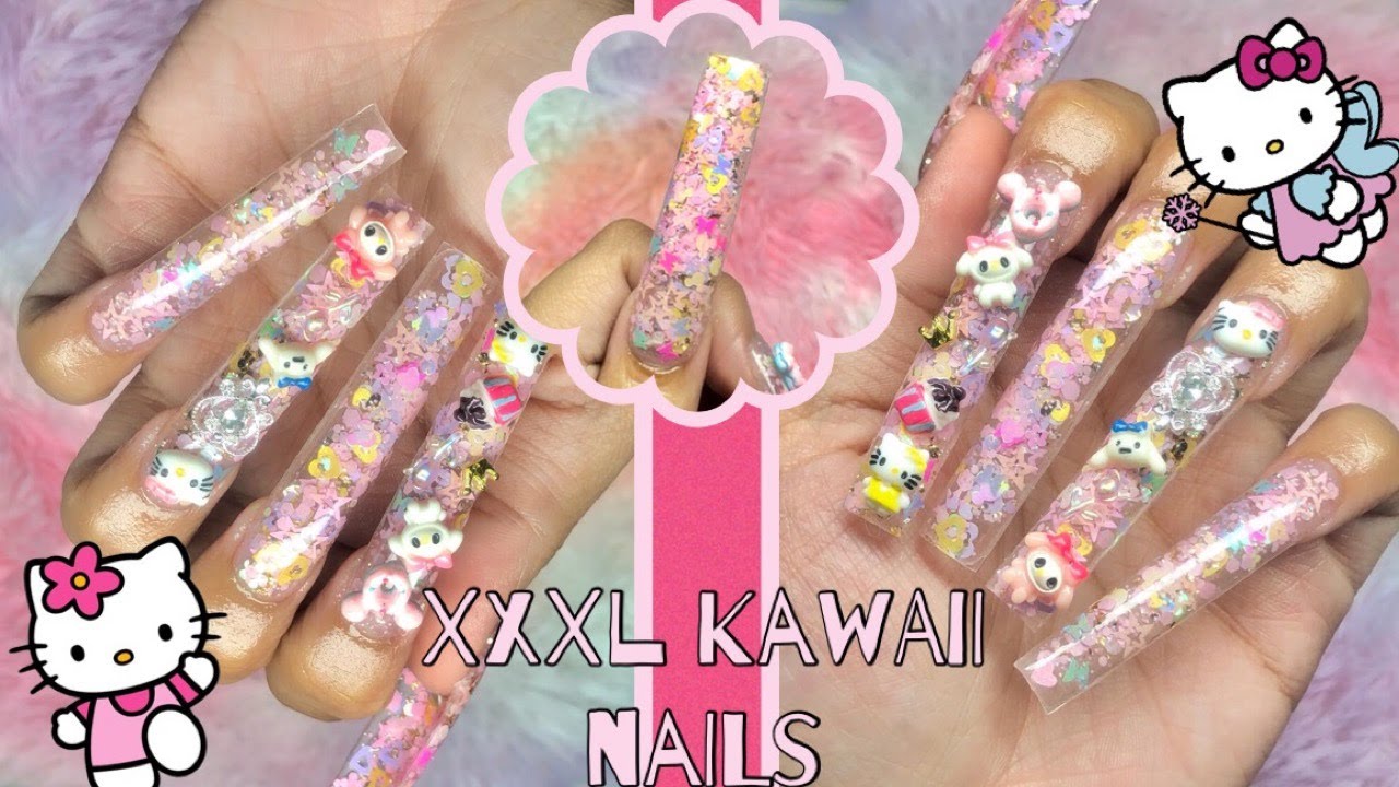 XXXXL PINK GLITTER KAWAII HELLO KITTY EXTRA ASF EXTREME SQUARE NAILS- HELLO KITTY ACRYLIC NAIL SET