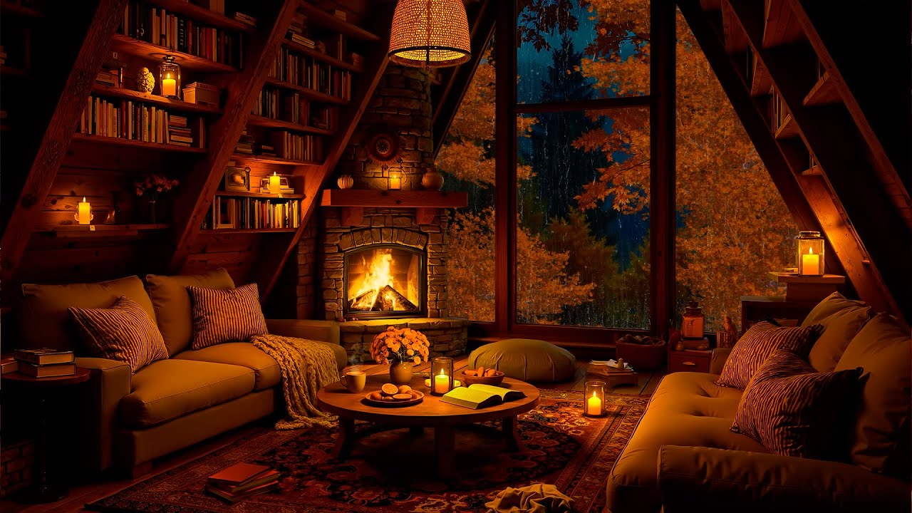Rainy Autumn Night 🍂 Warm Jazz in Cozy Hut Ambience with Rain & Fireplace for Relax, Study, Sleep