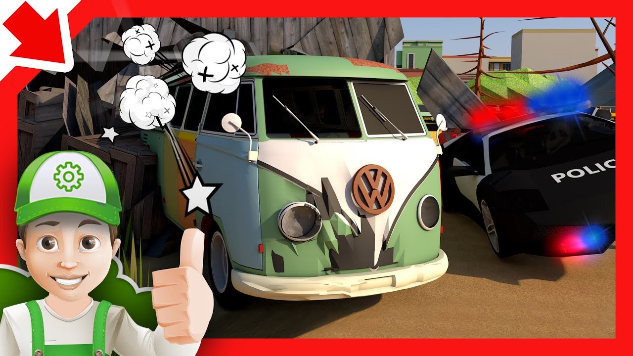 Coche viejo en reparación. Dibujos policias. Policia animados en español. Dibujitos de autitos.