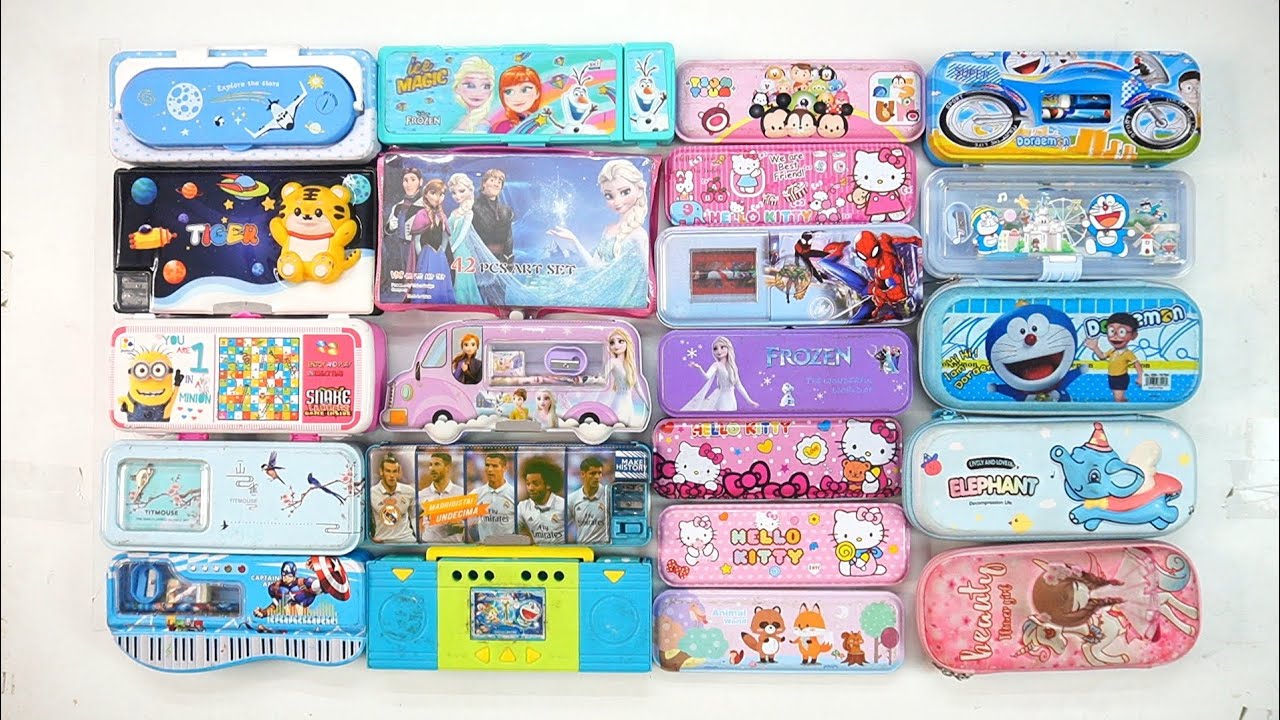 unicorn stationery collection 😍🎉 geometry, doreamon, hello kitty, pencil box, sharpener 