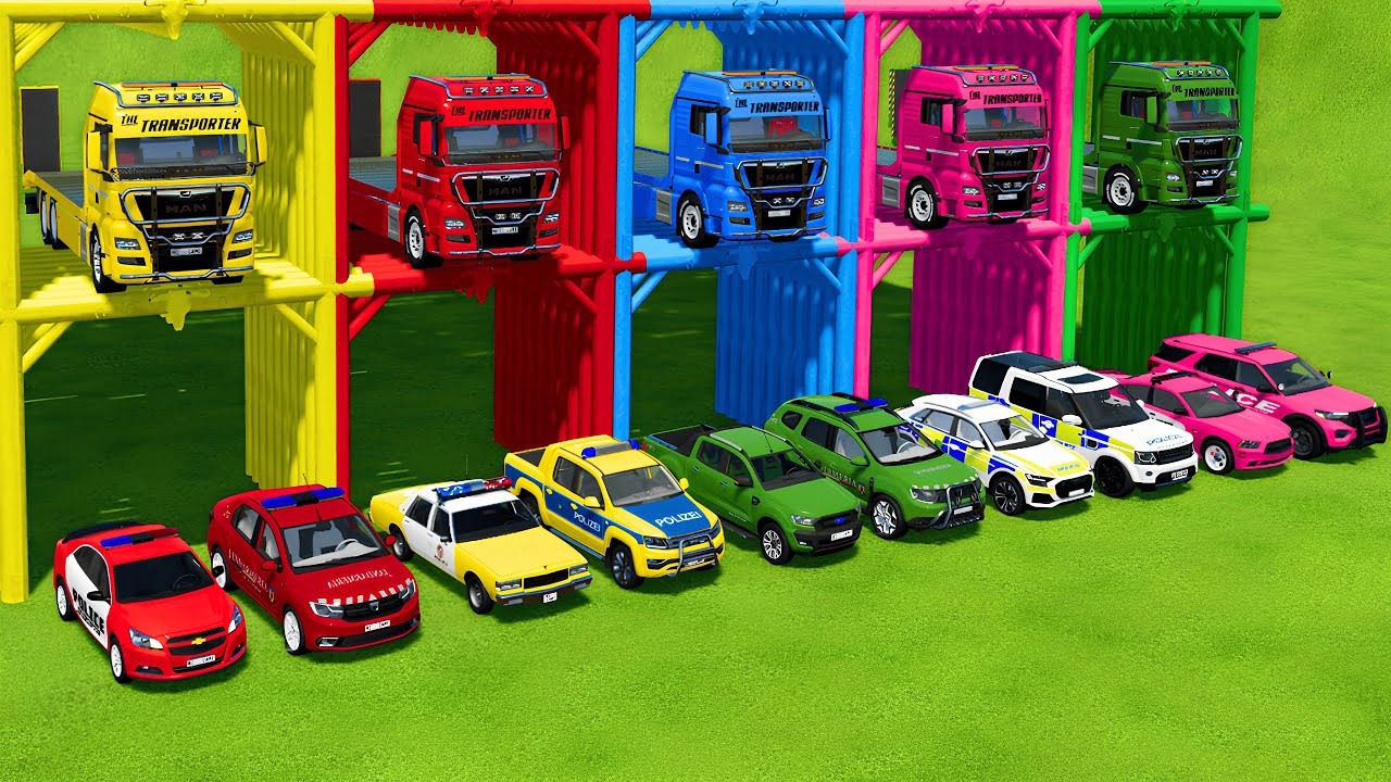 TRANSPORTING ALL POLICE CARS and AMBULANCE EMERGENCY VEHICLES WITH MAN TRUCKS ! Farming Simulator 25