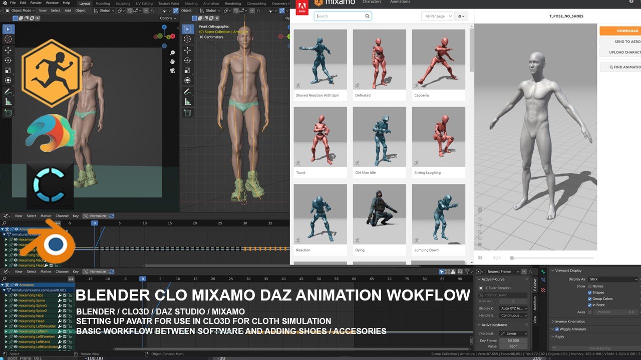 Clo3D Blender Mixamo Анимация Рабочий процесс Ходьба Цикл Обувь Вес Покраска Моделирование Аватар...