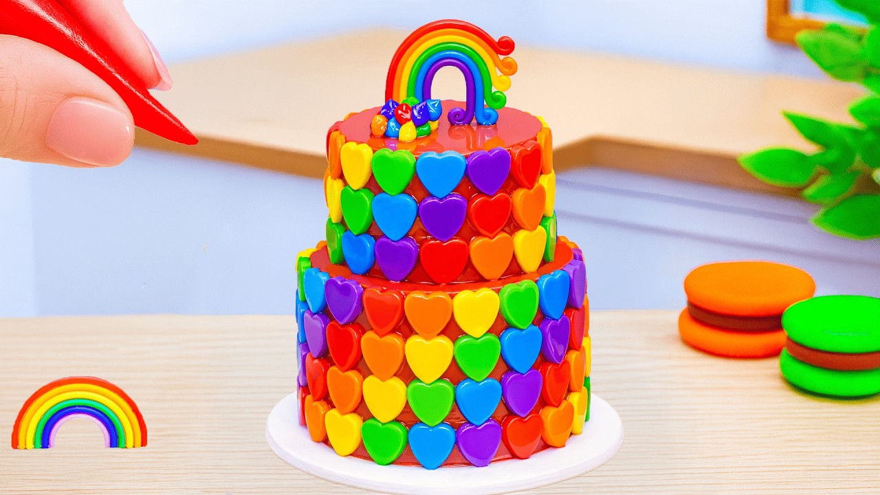 How to Make Rainbow Cake Recipe With Chocolate 🌈 Heart Candy Covered Cake❤️HT Mini Cakes