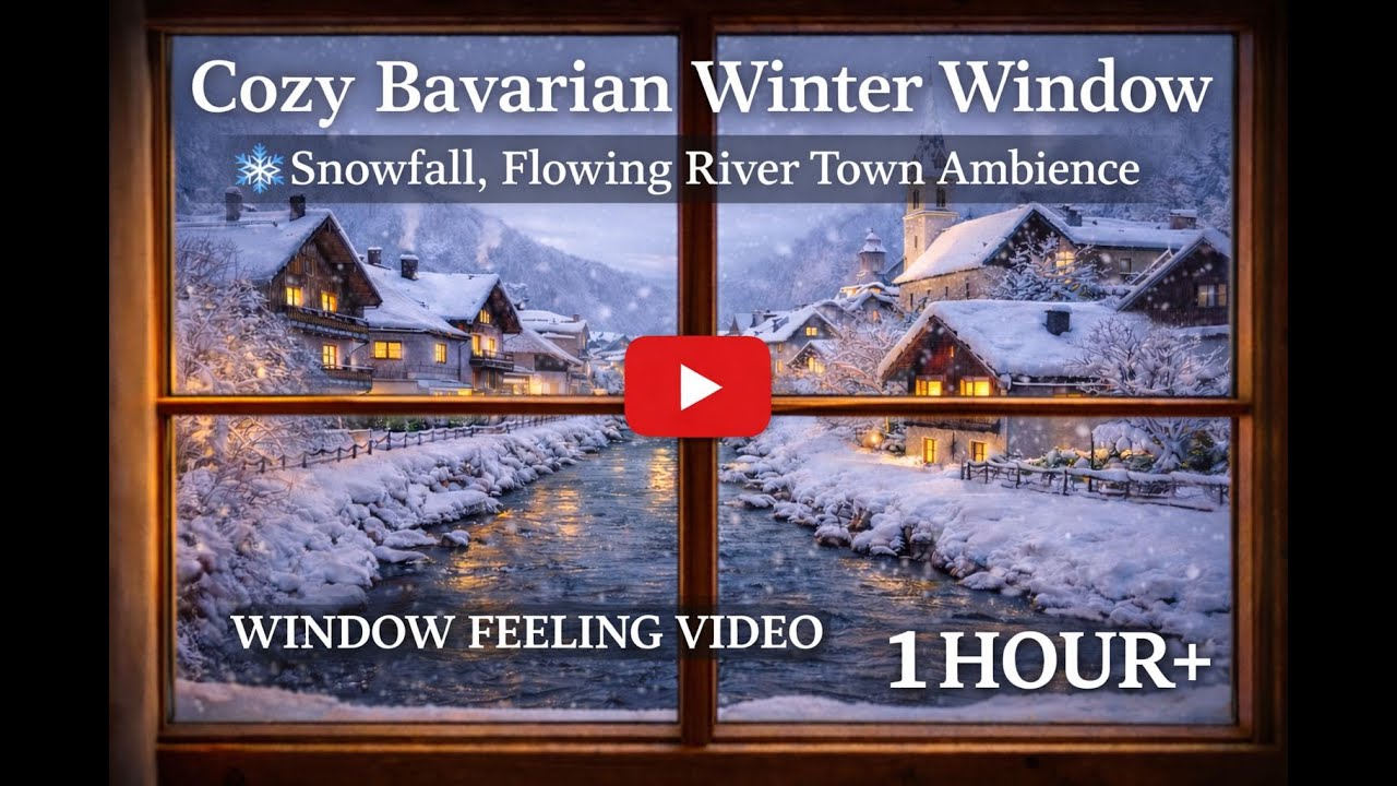 🎶 Jazz music from Cozy Bavarian Winter Window ❄️🏡 | Snowfall, Flowing River Town Ambience