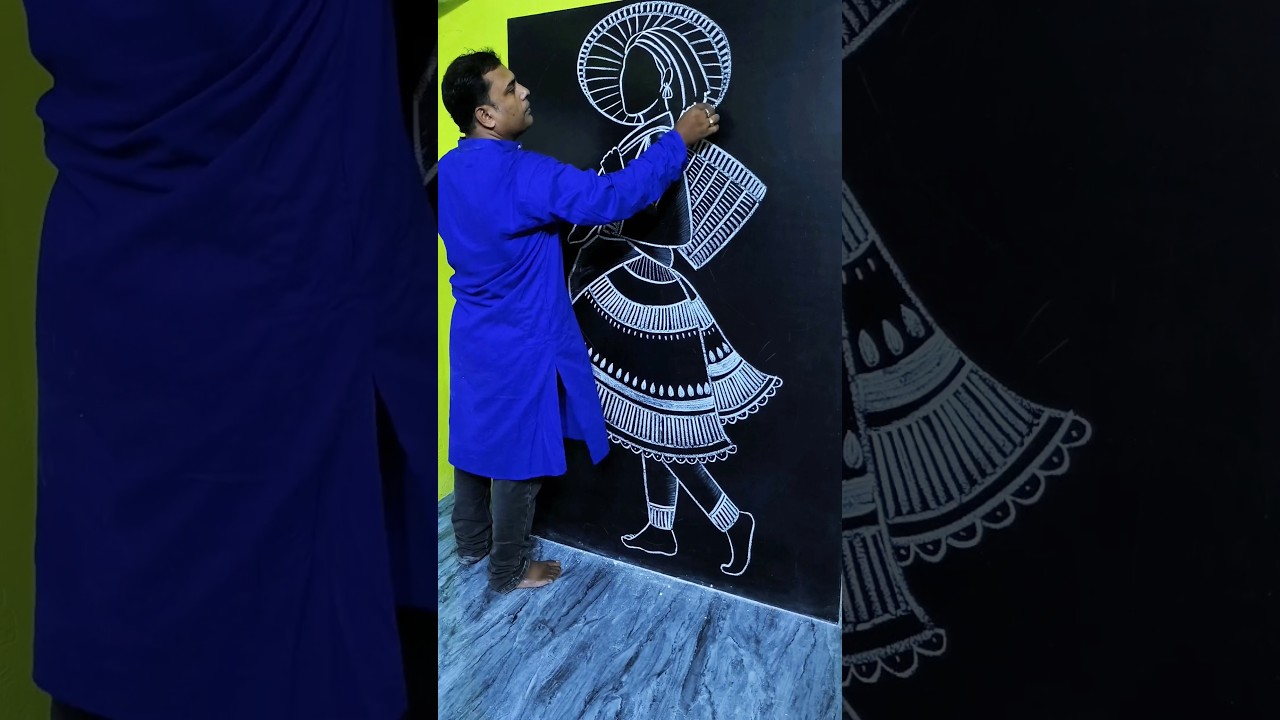 Traditional Tribal Girl Chalk Art 🤷&zwj;♀️ Beautiful Blackboard Drawing ✍️ #shorts #art #ytshorts