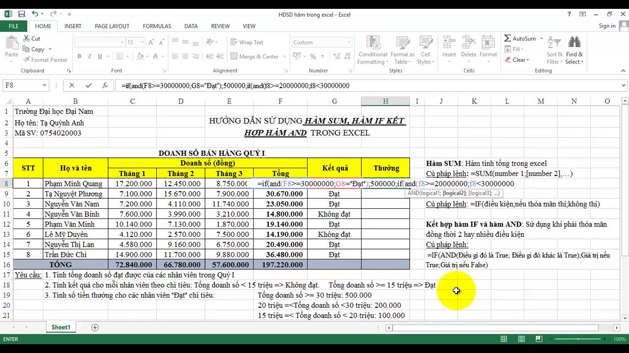 Hướng dẫn sử dụng h&agrave;m SUM v&agrave; h&agrave;m IF, kết hợp h&agrave;m AND - Tạ Quỳnh Anh (003) - 0701