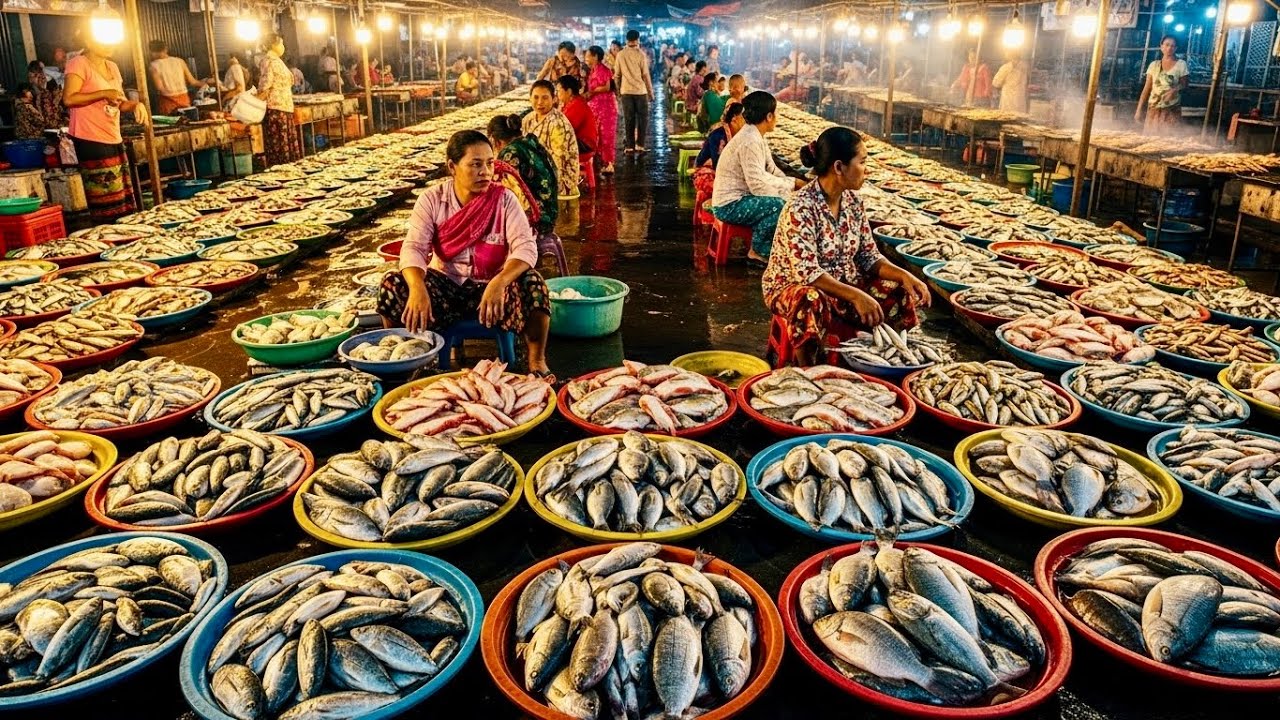 Night Fish Market Hustle &ndash; Women Selling Fresh Fish Under Dim Street Lights