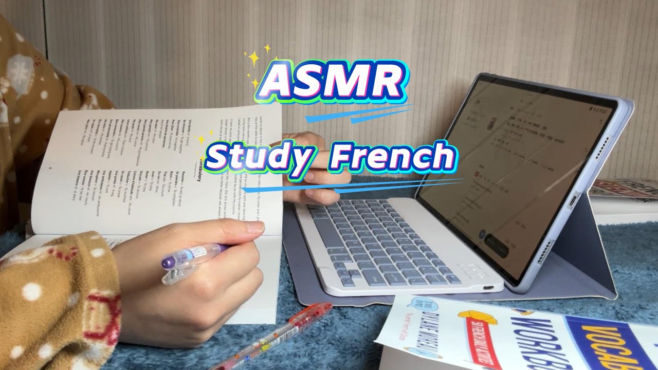 ASMR 1 hour study French with background piano music, whispers, typing
