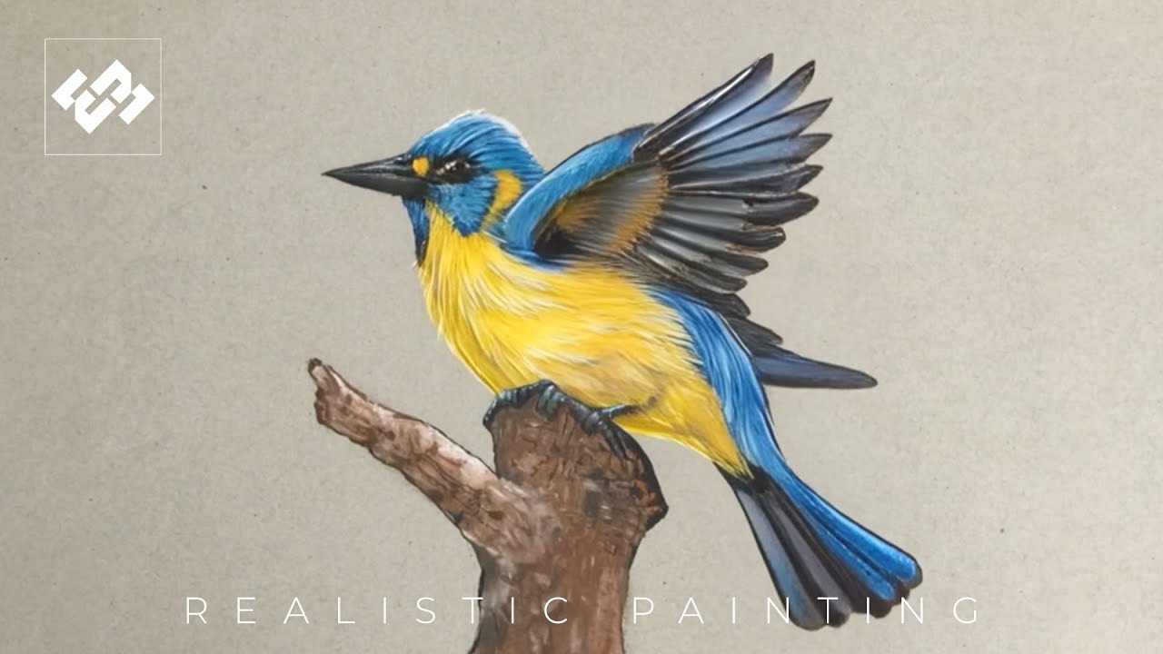 “Blue & Yellow Songbird on a Tree Branch | Mixed Media Painting”