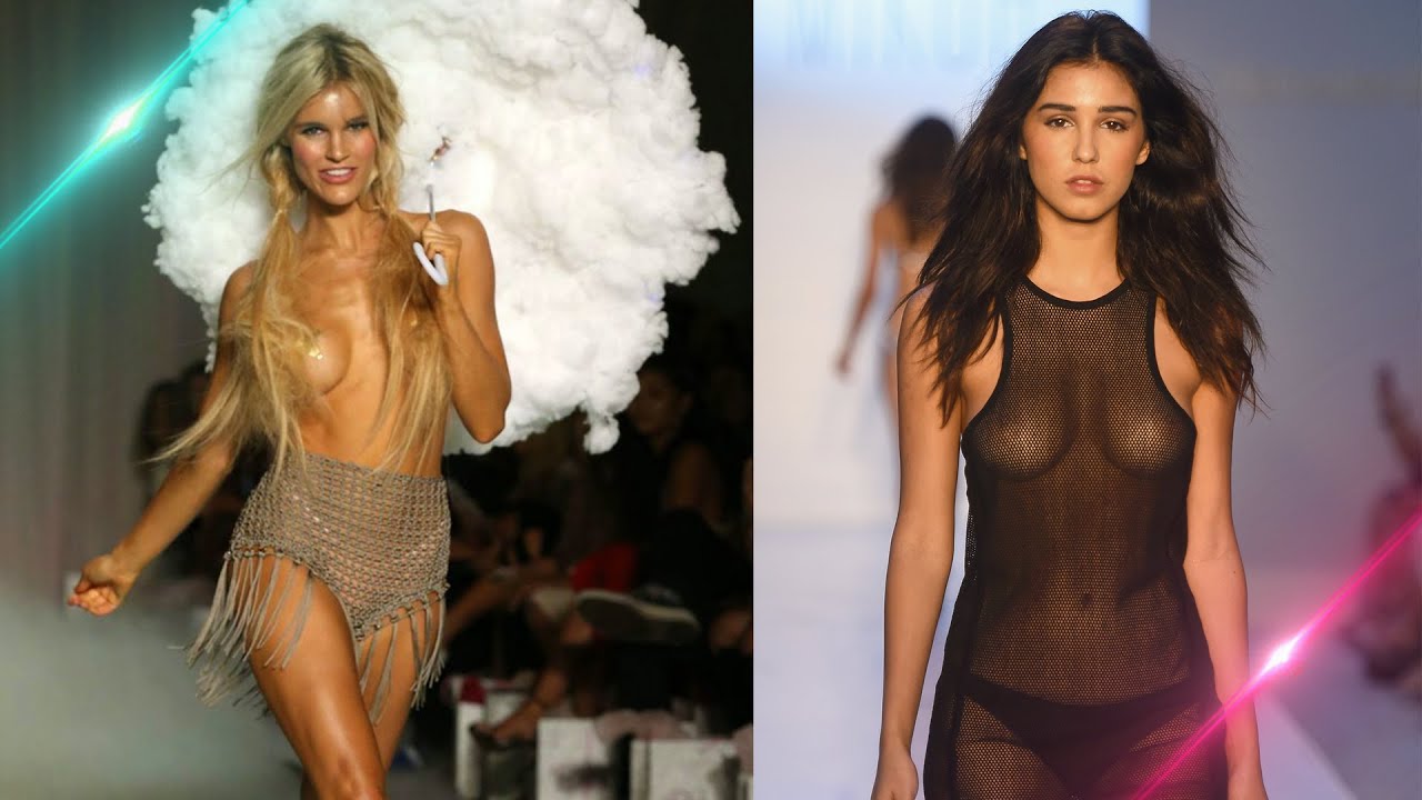 Topless Fashion Show. Naked fashion event. Model on the catwalk