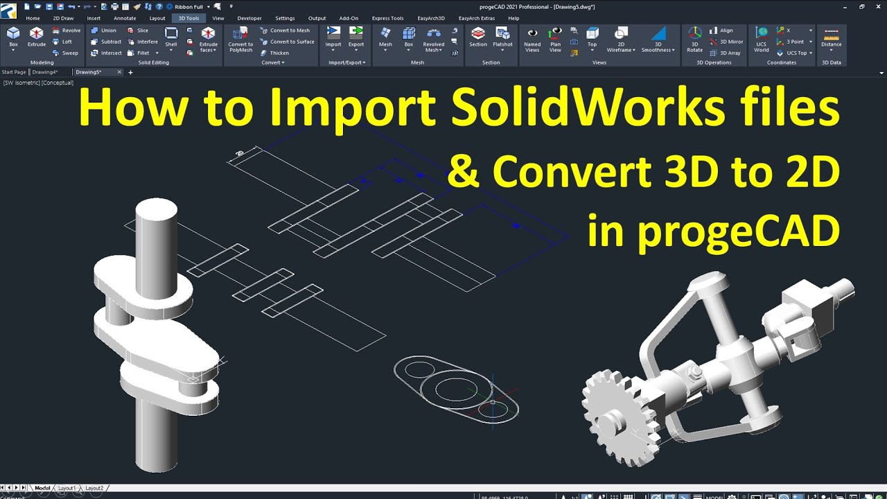 PROGECAD TUTORIALS | How to Import SolidWorks files and Convert 3D to 2D drawing - progeCAD 2021