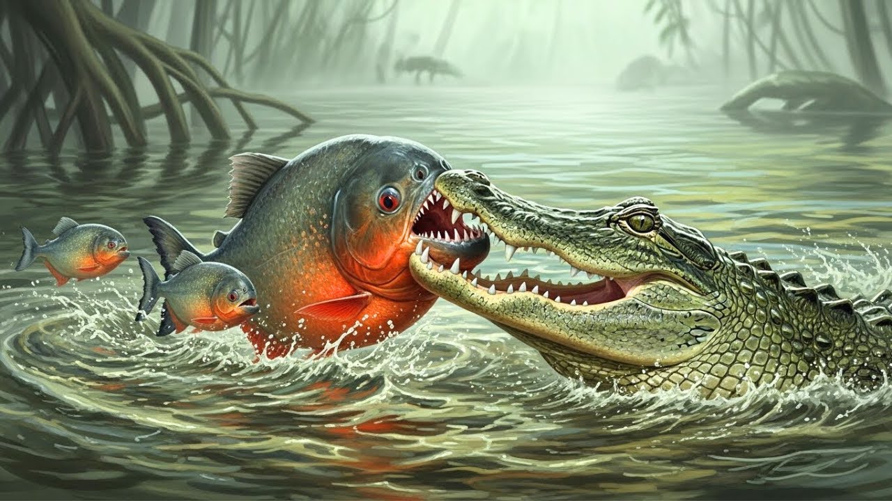 Wildlife Amazon Jungle: Piranha Pack&rsquo;s Daring Rescue vs Young Caiman in the Dry Season #wildlife
