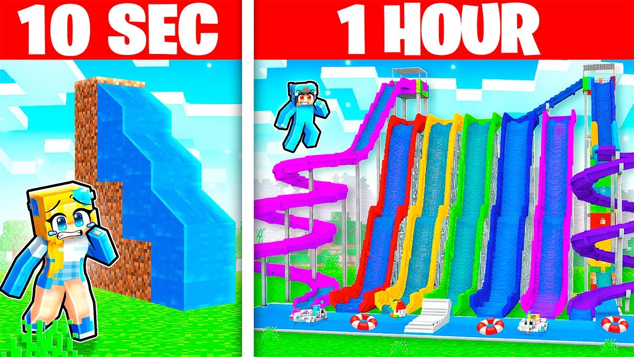 10 Seconds vs 1 Hour Water Park Build Challenge in Minecraft!