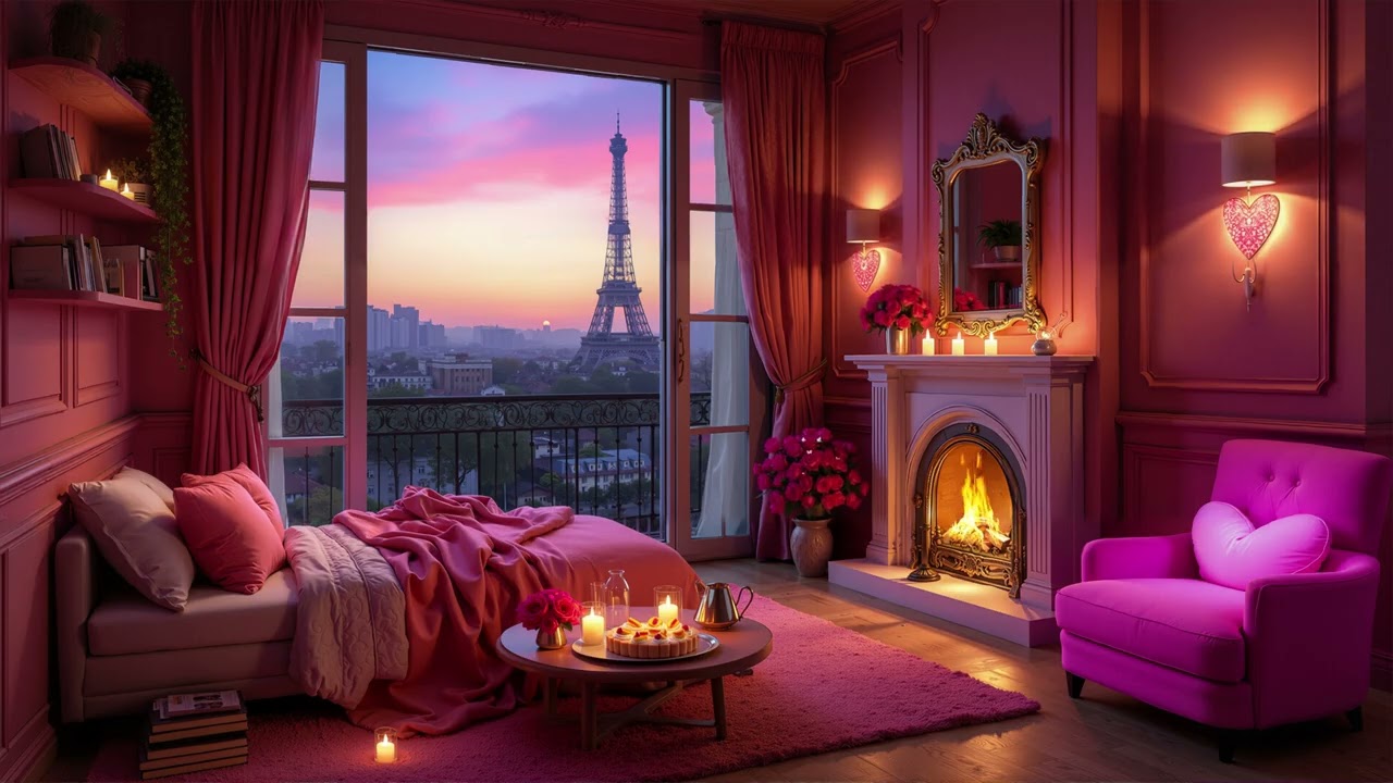 Paris Valentine Cozy Room 🌹 Pink Night Ambience with Soft Piano to Relax, Heal & Sleep Deeply 🎹🌙
