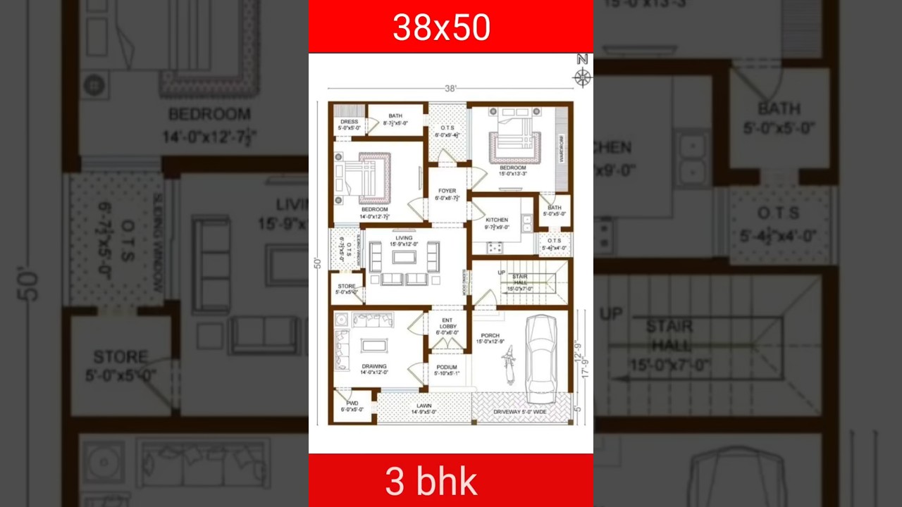 ✅️ 38 x 50 house plan with parking || 1900 sqft || 3bhk ||
