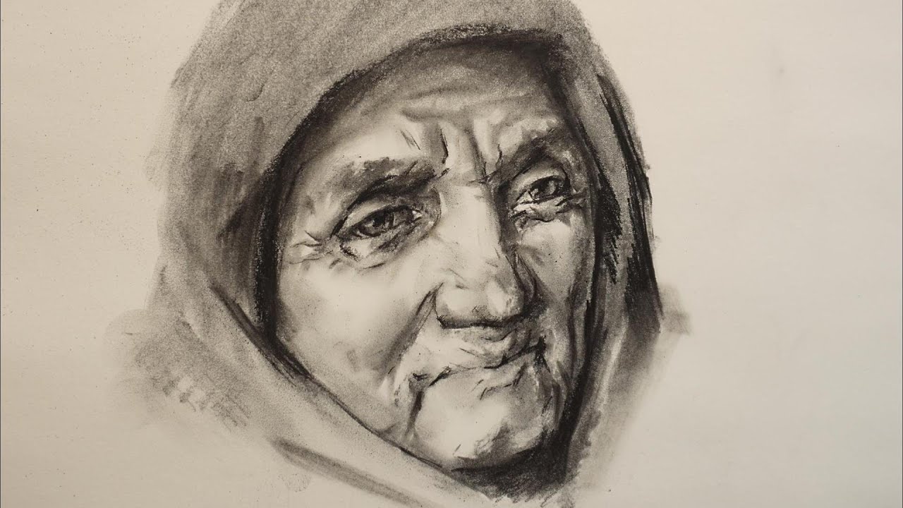 35 Minutes grandma portrait sketch by charcoal