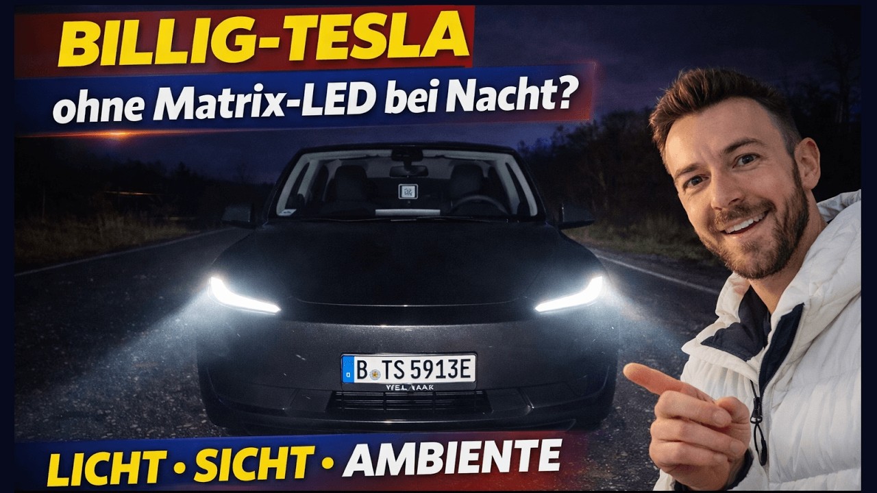 Günstiges Tesla Model Y STANDARD im Dunkeln – Licht, Sicht, Autopilot & Verkehrszeichenerkennung