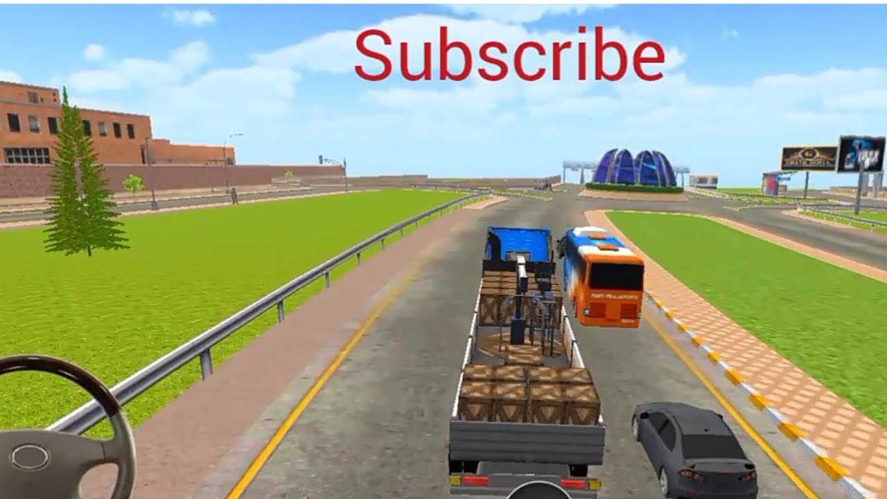Truk simulator truk trailer pembawa barang meluncur kencang melewati jalan raya yang mulus