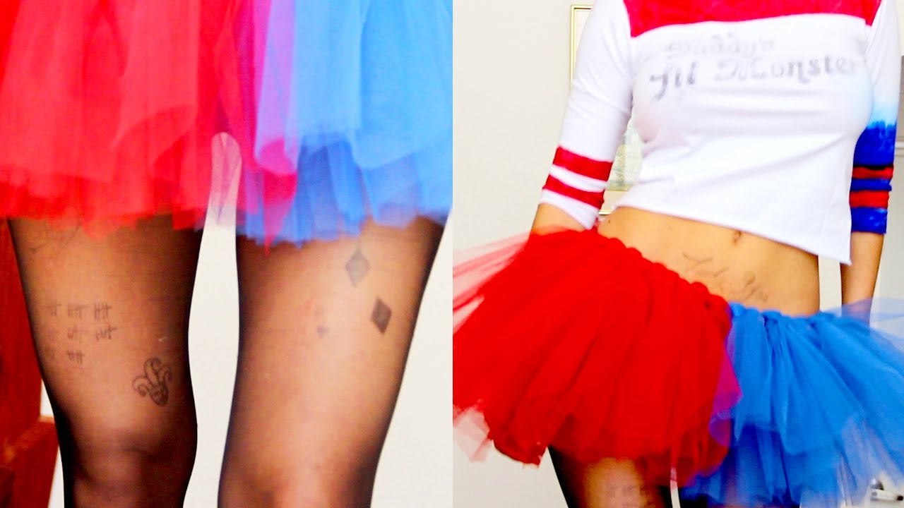 DISFRAZ CASERO DE HARLEY QUINN PARA HALLOWEEN - TATUAJES - CAMISETA Y TUTU por Lau