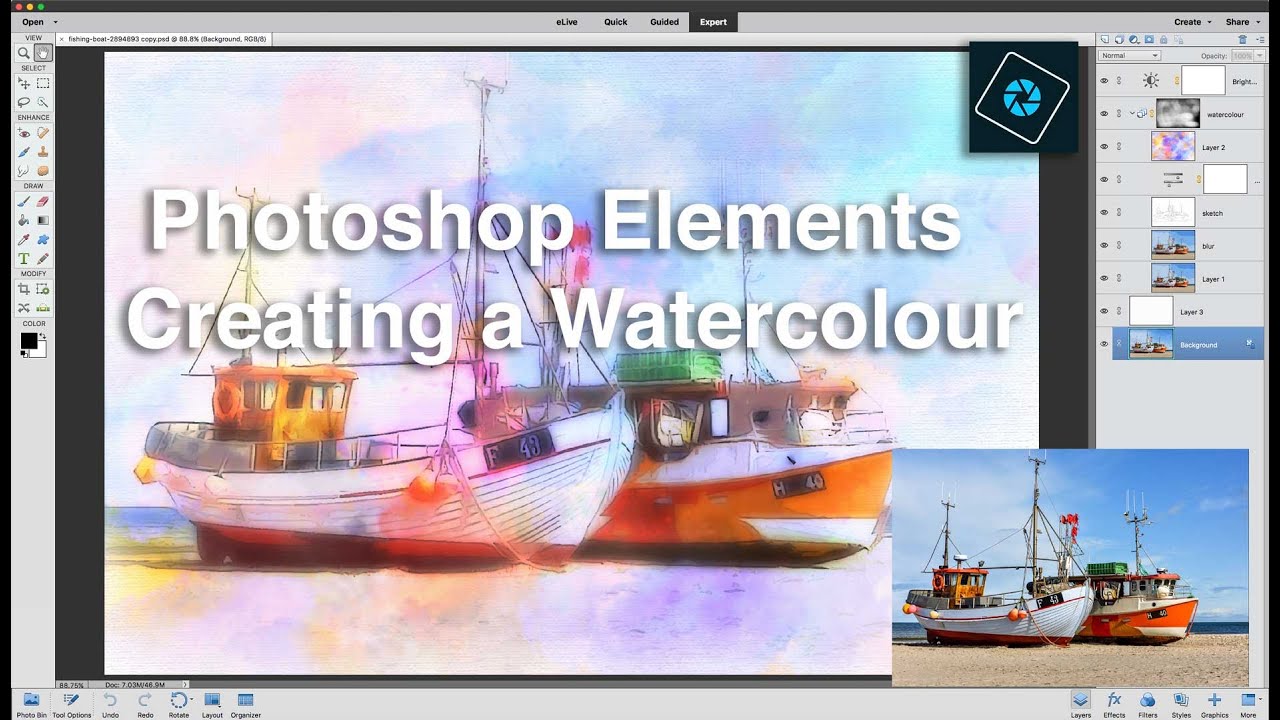 Эффект акварели Photoshop Elements