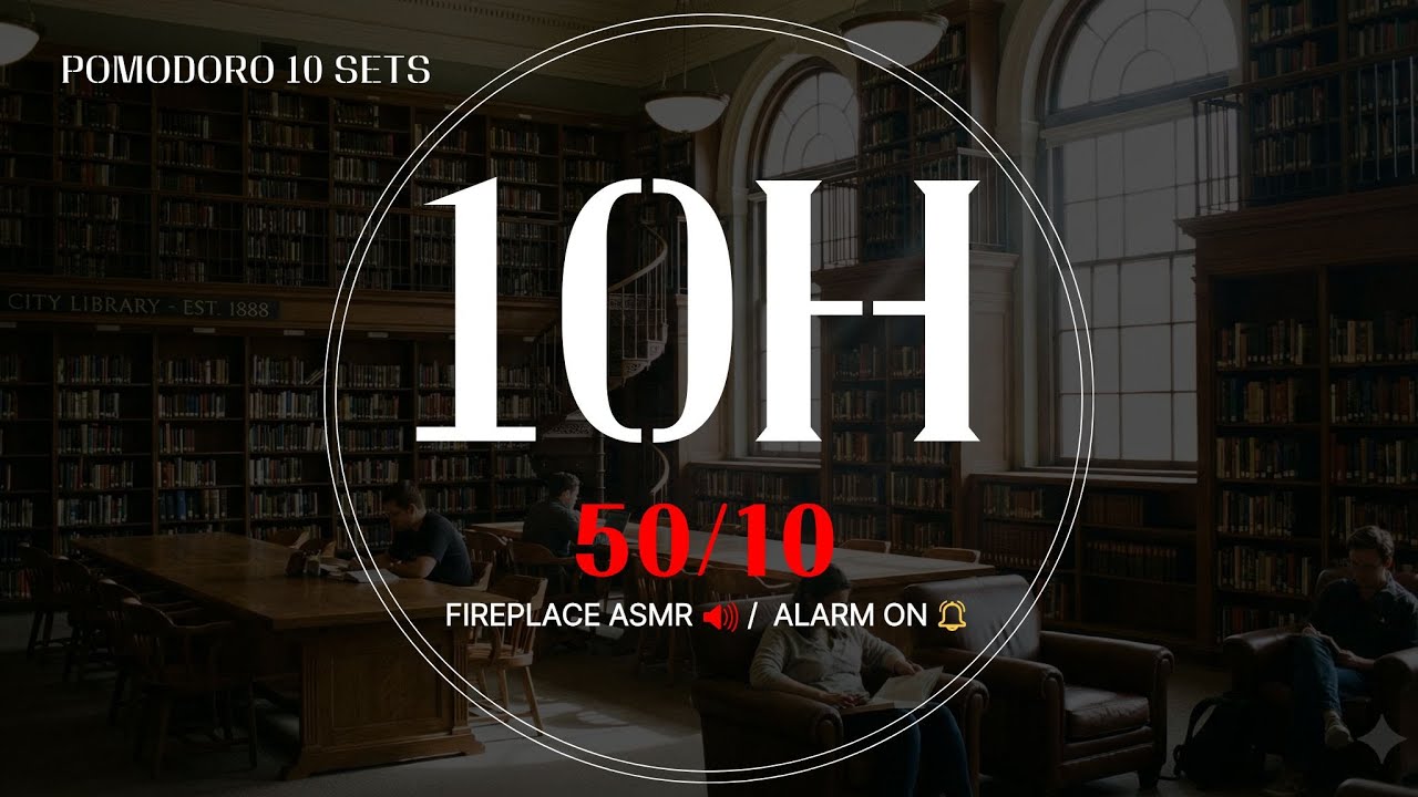 10 Hour Study Timer 50/10 | Cozy Fireplace ASMR | Crackling Fire Sound