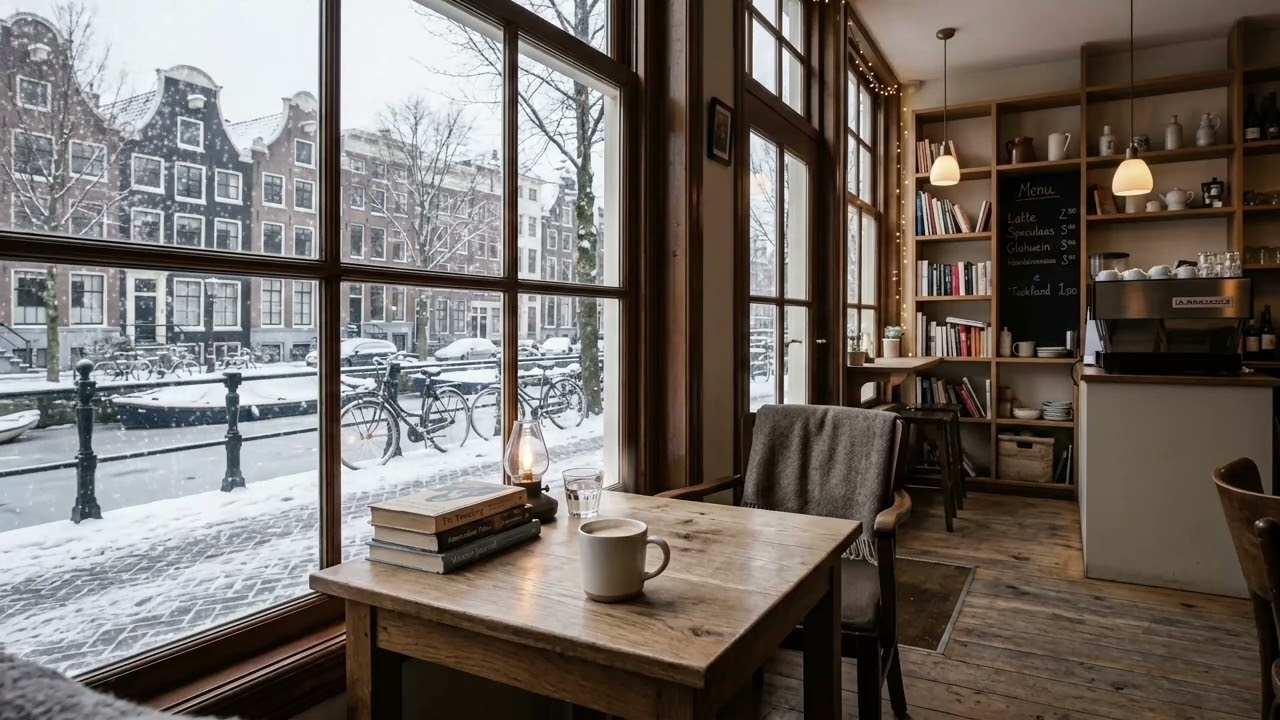 Amsterdam Winter Café ☕ Snowy Canal View & Piano Jazz | Cozy Study & Relax Ambience 4K