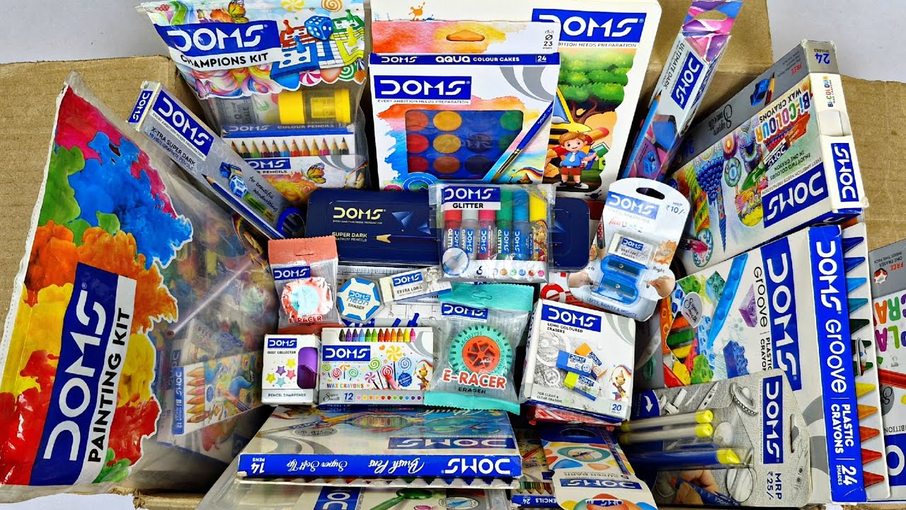 Latest DOMS Stationery🤩Aqua Colors, Oil Pastels, Geometry, Sharpener, Eraser, Brush Pens, Sketch pen