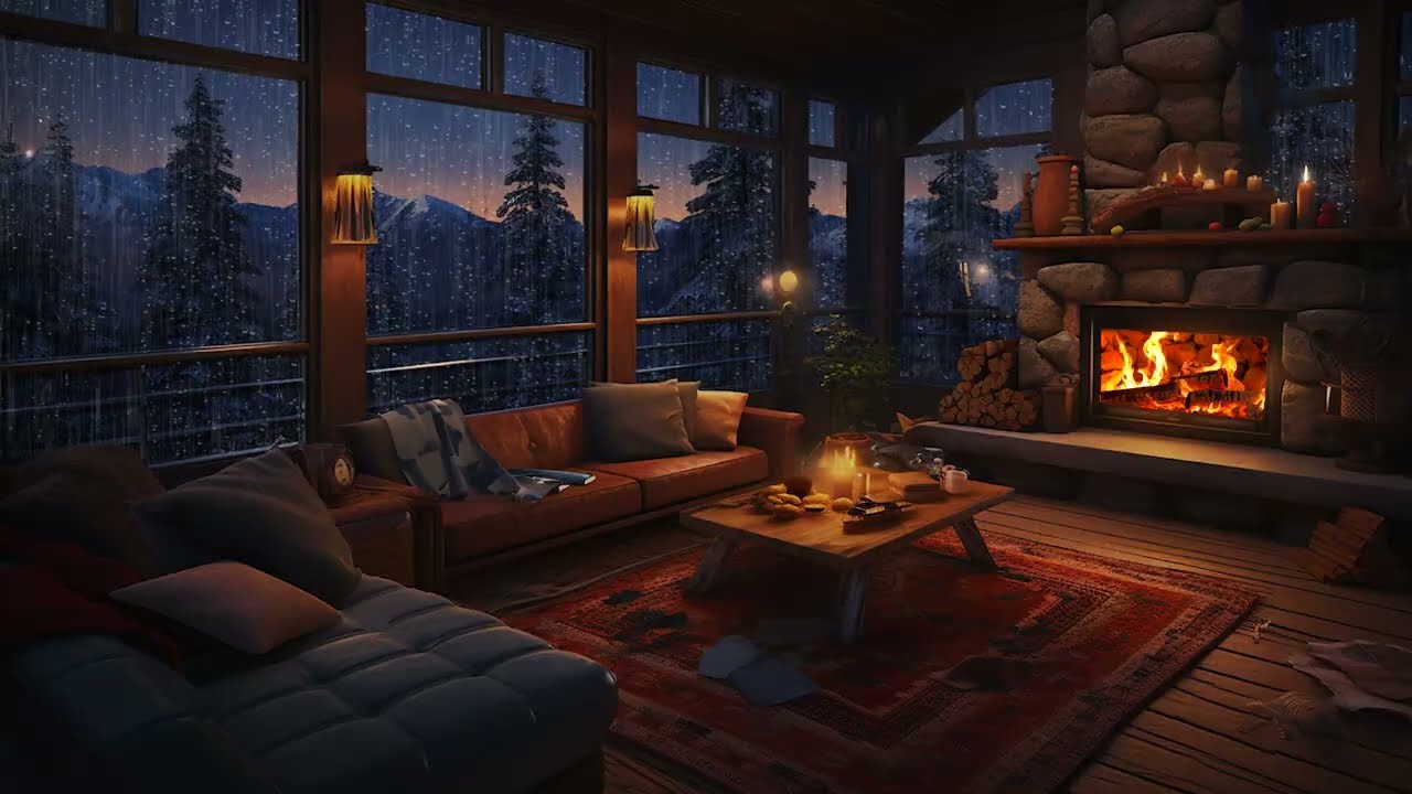 Cozy Cabin Night with Heavy Rain and Crackling Fireplace for Deep Sleep and Relaxation