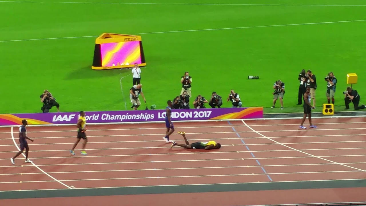 Mens x4 100m relay final. Bolt fall in full. Team GB&NI celebrations. London world championship 2017