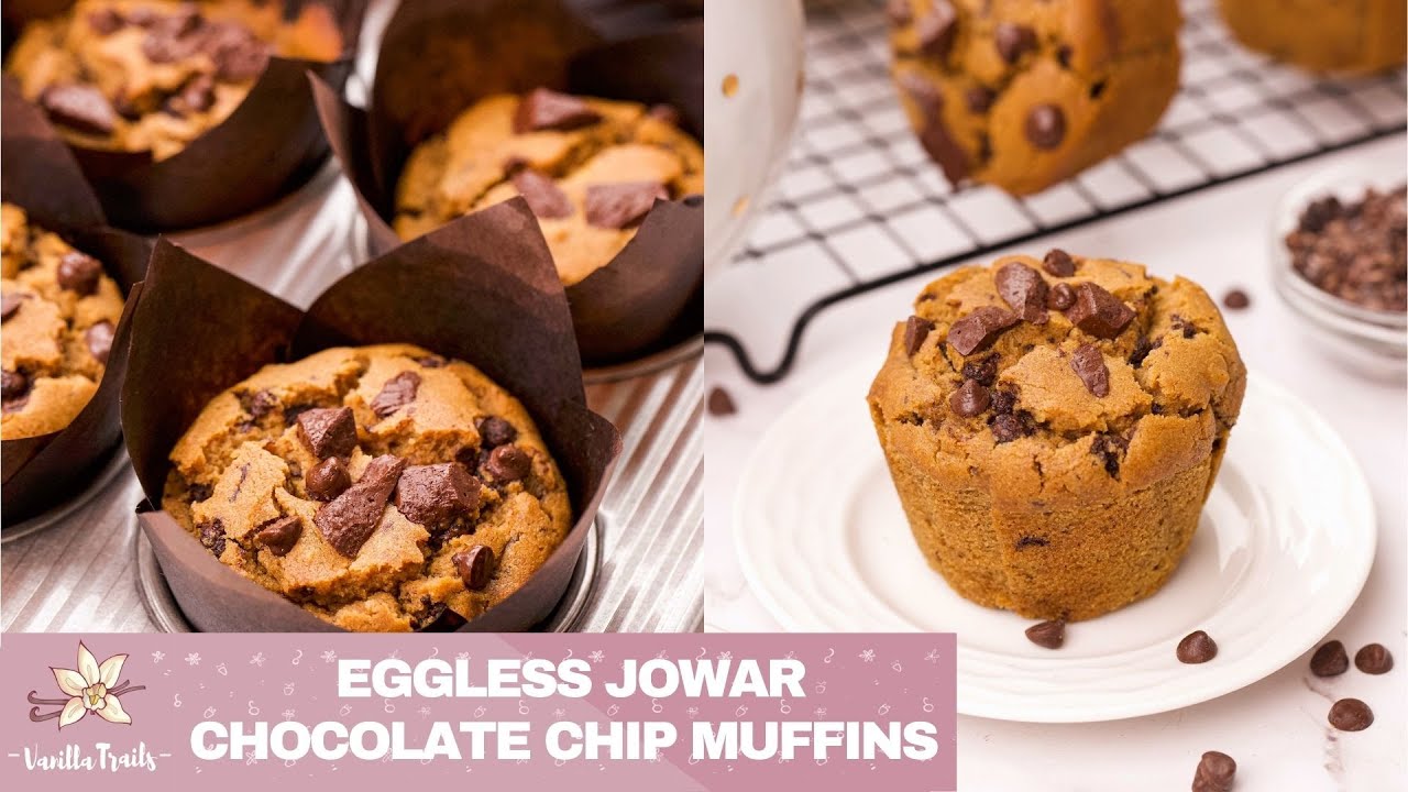 Easy Eggless Jowar Chocolate Chip Muffins! Made with Jowar, Jaggery and Ghee. Very soft & delicious!