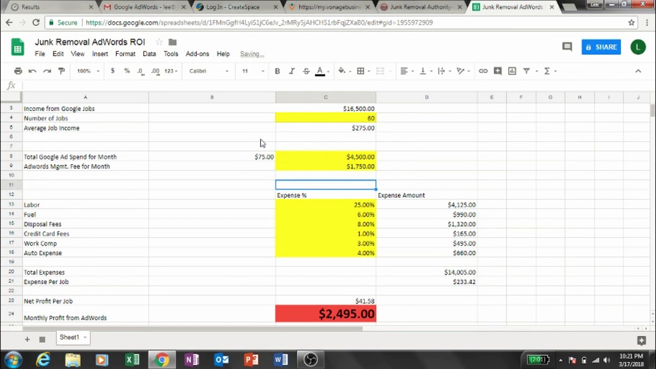 Junk Removal AdWords ROI Spreadsheet for Junk Doctors and a Typical Junk Removal Co