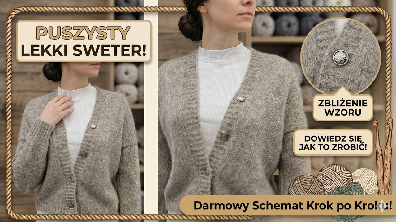 NR/74 Rozpinany sweter typu Chmurka jak na drutach /szydełkowy wzór na sweter