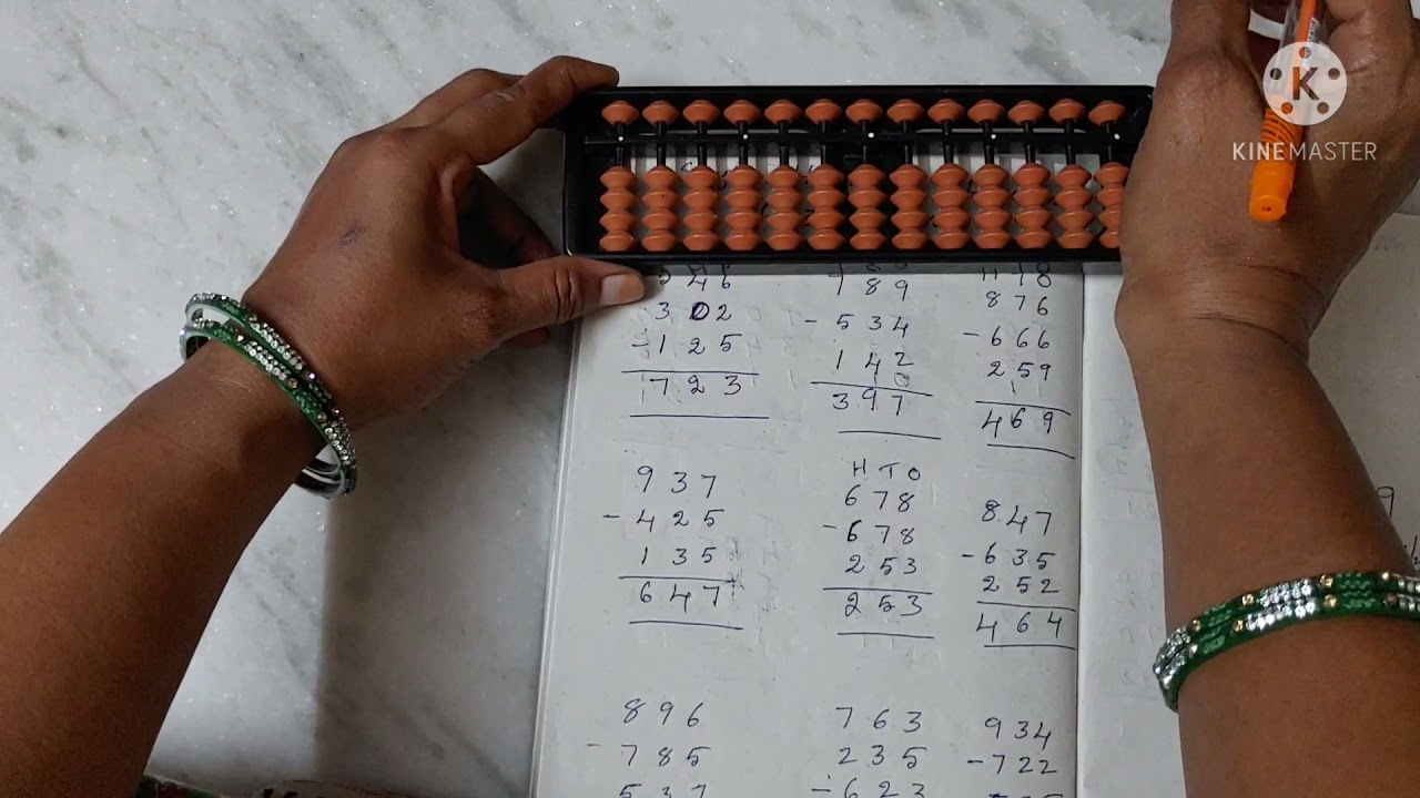Simple Addition and Subtraction 3digits 3 rows on Student Abacus Frame.