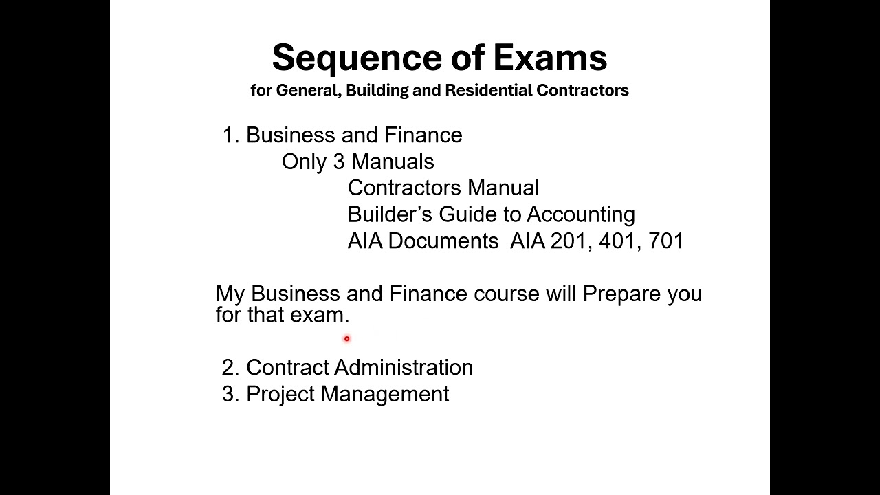 Sequence for General, Building and Residential Contractor Exams