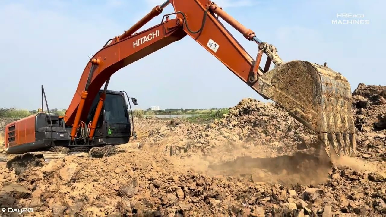 Day 21: Epic Lakeside Excavation with Hitachi Zaxis 210 LCH and 7 Dump Trucks in Action!