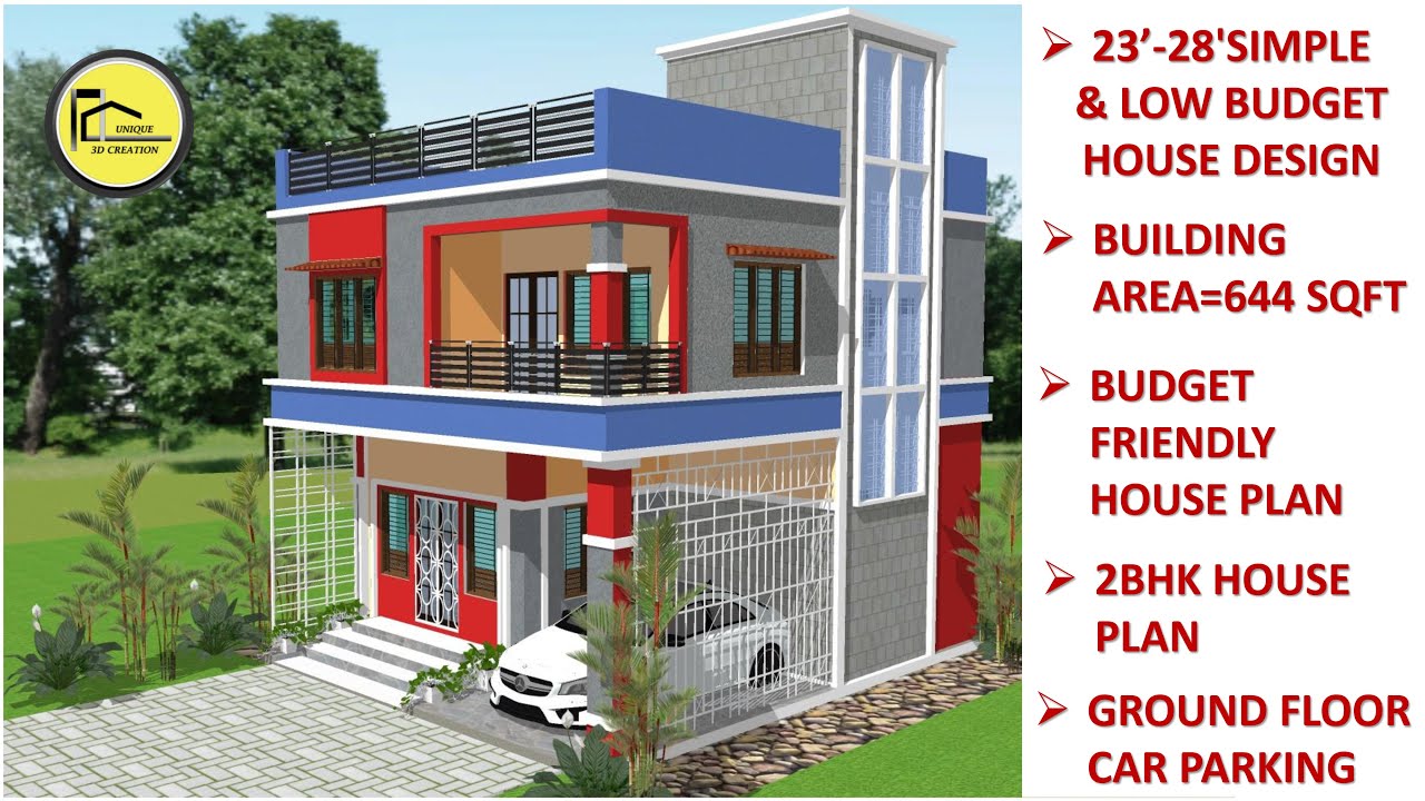 23'x28' SIMPLE & LOW BUDGET HOUSE PLAN || BUILDING AREA 644 SQFT ||2BHK HOUSE PLAN WITH CAR PARKING