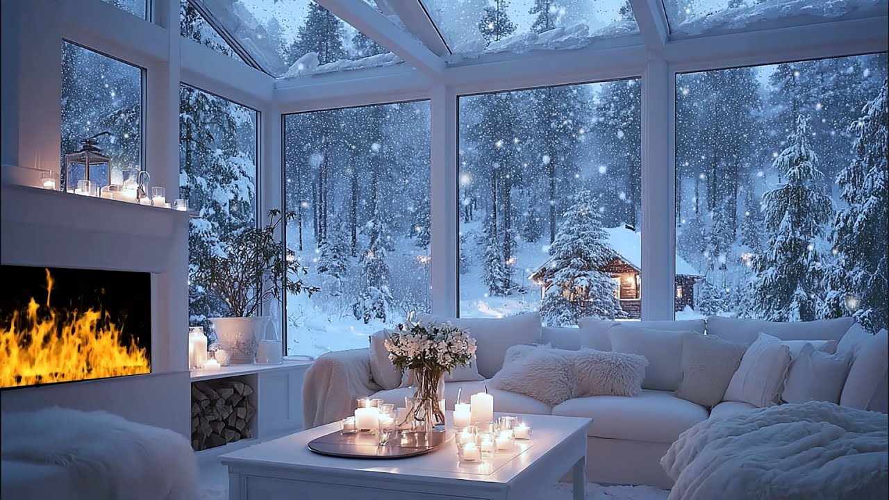 Soft Winter Piano Tunes | White Piano Lounge Studio & Gentle Snowfall | Sleep Therapy