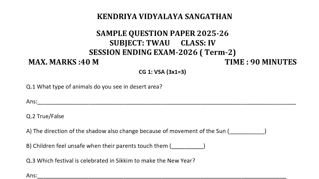 Class-4 TWAU / EVS / Annual Exam 2026 Question Paper Session Ending Exam PM SHRI KVS Term2
