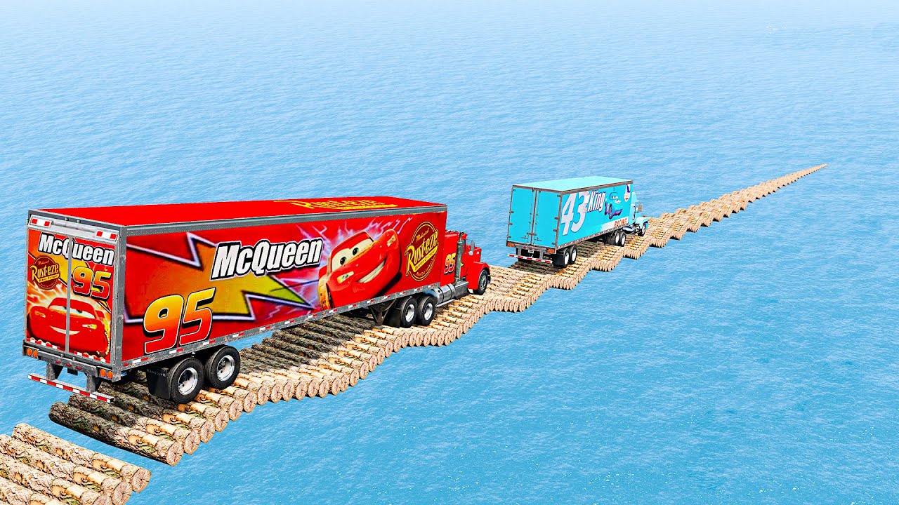 Mack truck vs Dinoco vs Impossible Log Wave Bridge Truck Car Rescue -Cars vs Deep Water-BeamNG.drive