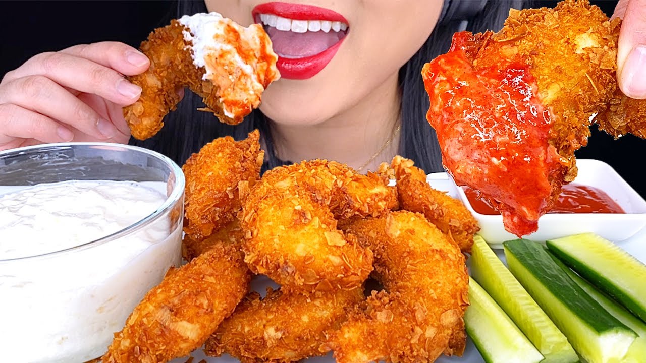ASMR GIANT COCONUT SHRIMP with CREAMY Pina Colada Sauce (Crunchy Eating Sounds) NO TALKING ASMR Phan
