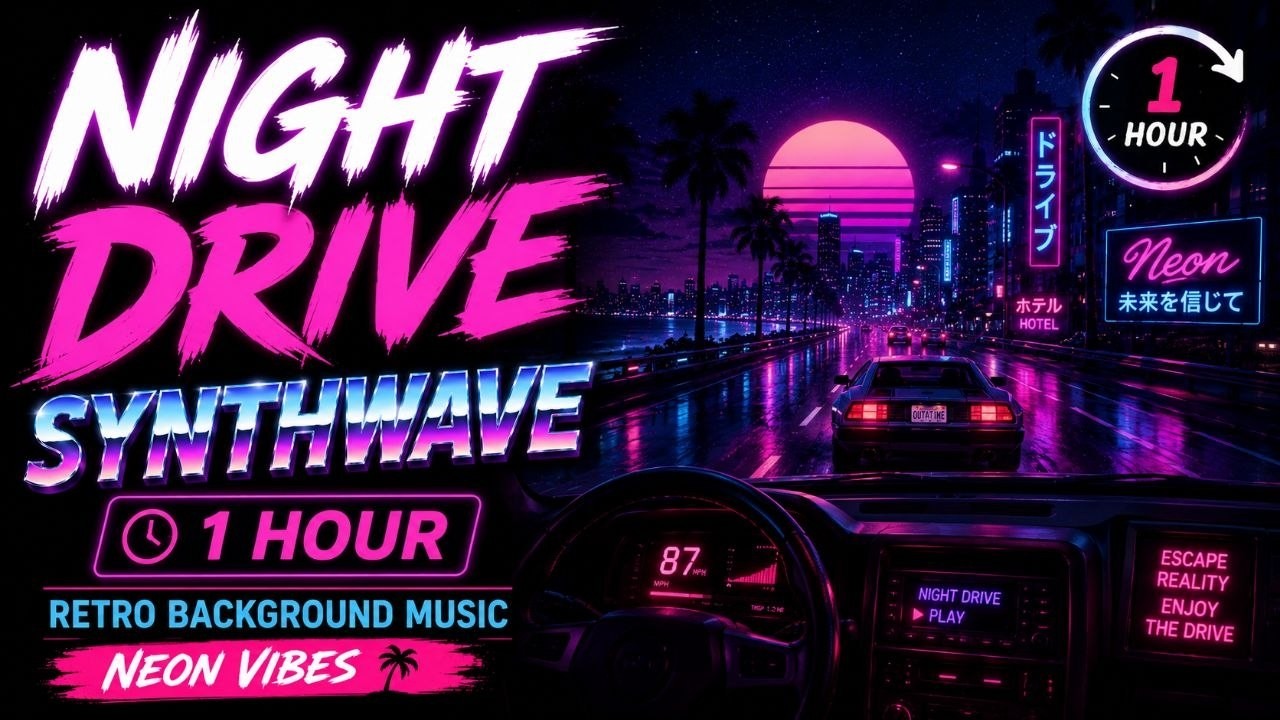 Night Drive Synthwave – 1 Hour Retro Background Music | Neon Vibes