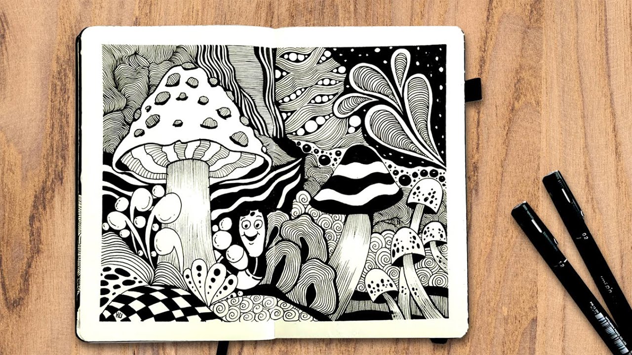 Relaxing Zentangle Mushroom Drawing | Easy Black and White Pattern Art