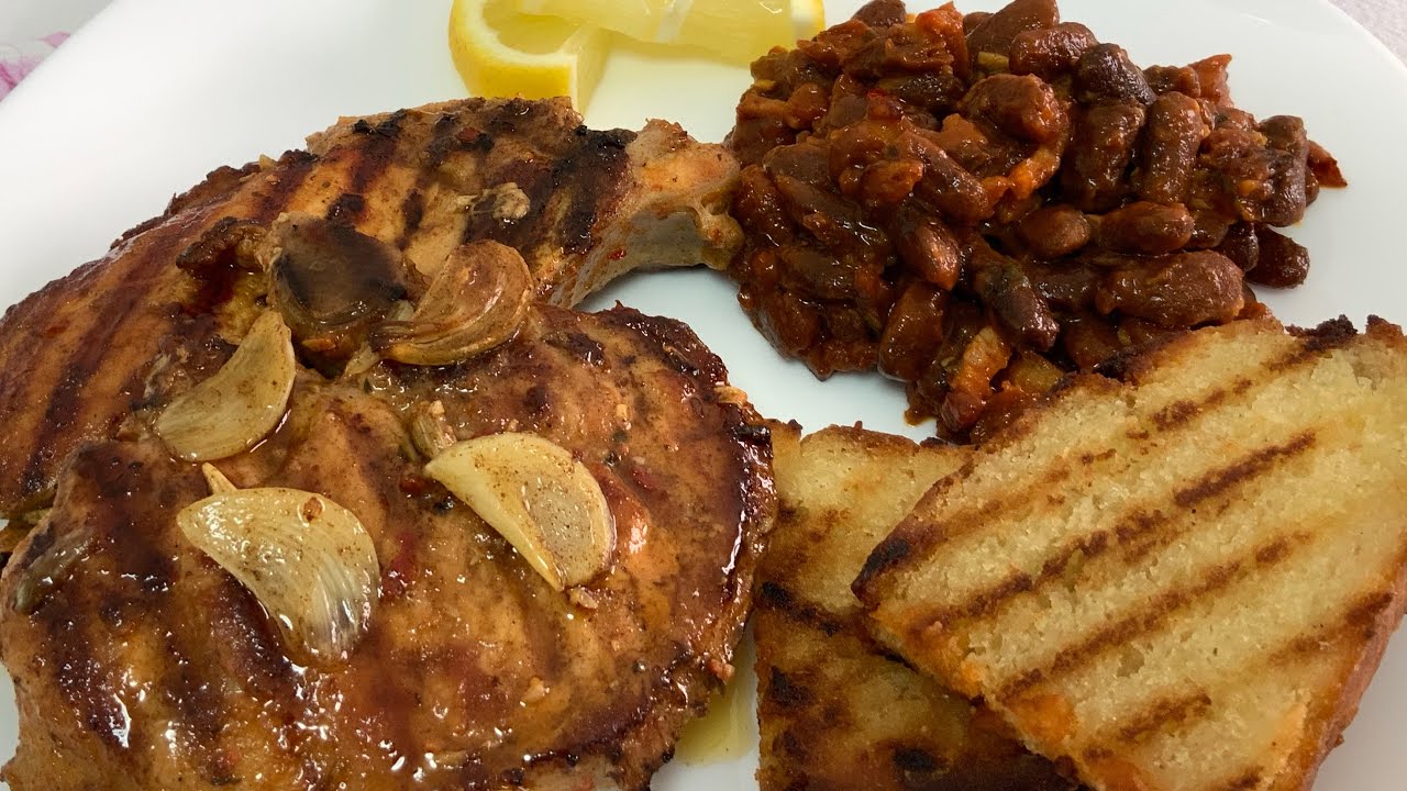 Feijão Assado na Frigideira e Pork Chop Grelhado …Receita Prática e Deliciosa