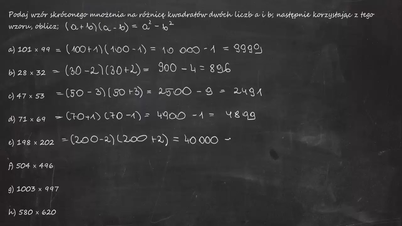 Podaj wzór skróconego mnożenia na różnicę kwadratów dwóch liczb a i b; a) 101 × 99 b) 28 × 32