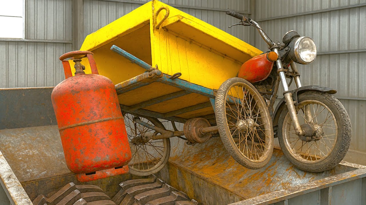 Giant Shredder Destroying Heavy Cart and Gas Cylinder! Extreme Metal Shredding Machine 