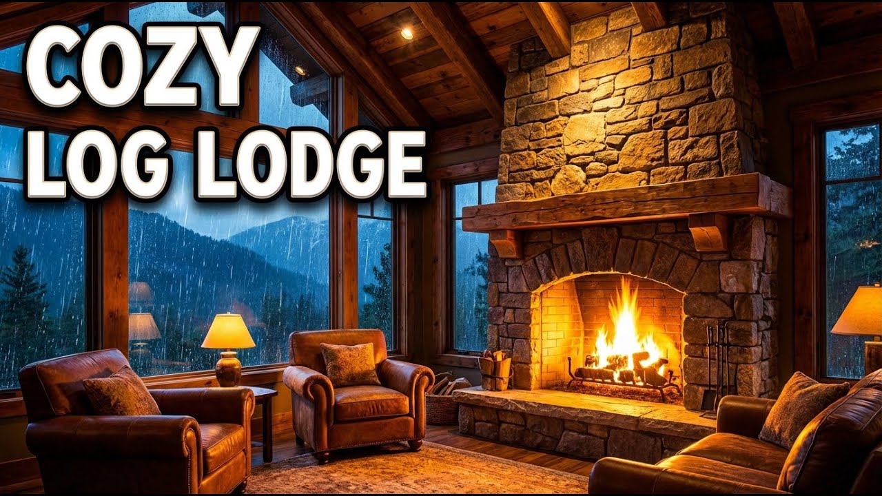 Rainy Night in a Rustic Log Lodge, Cozy Fire Ambience For Deep Sleep