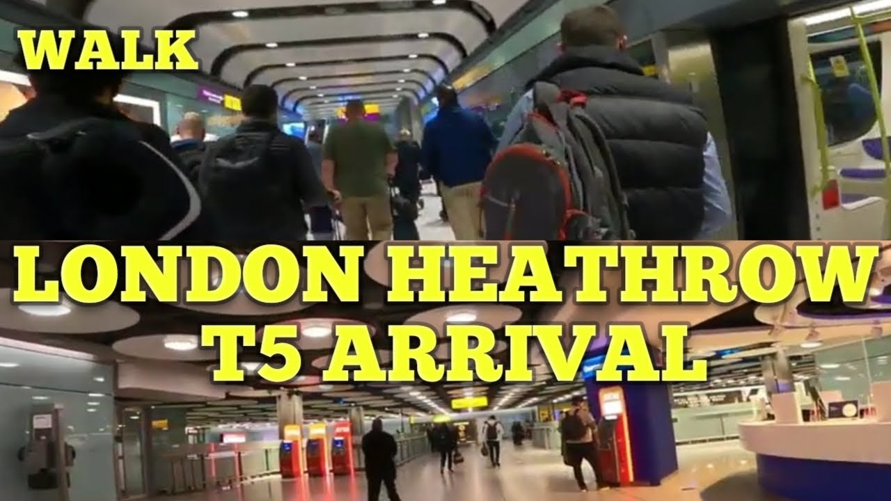 Arrival Walking from Concourse to Immigration to Baggage Claim at London Heathrow Airport Terminal 5