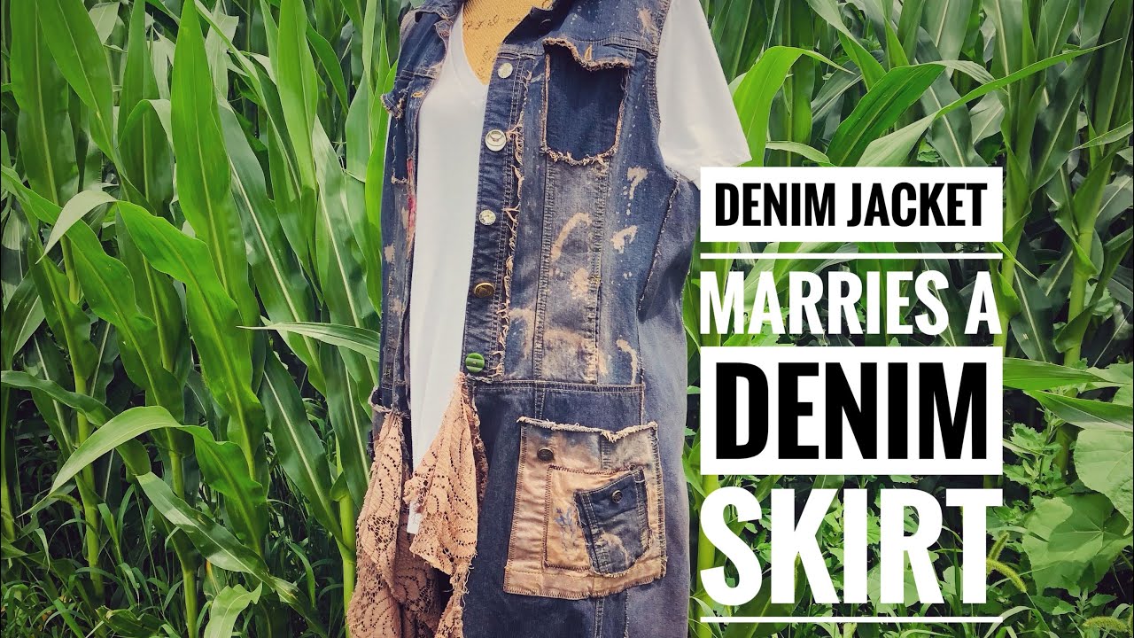 SOLD-Upcycled denim jacket and skirt!