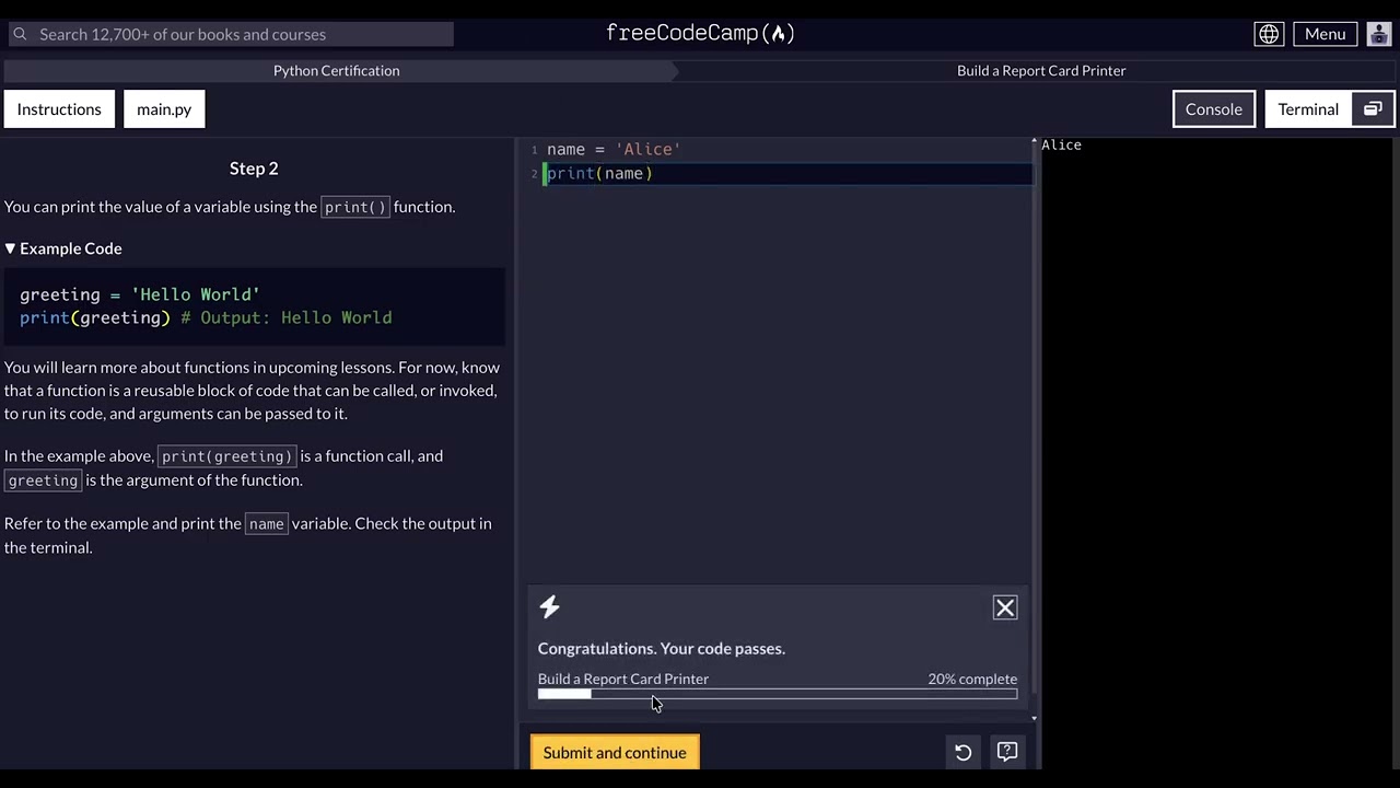 FreeCodeCamp - Python Project  - Step 2 of 10 - Build a Report Card Printer
